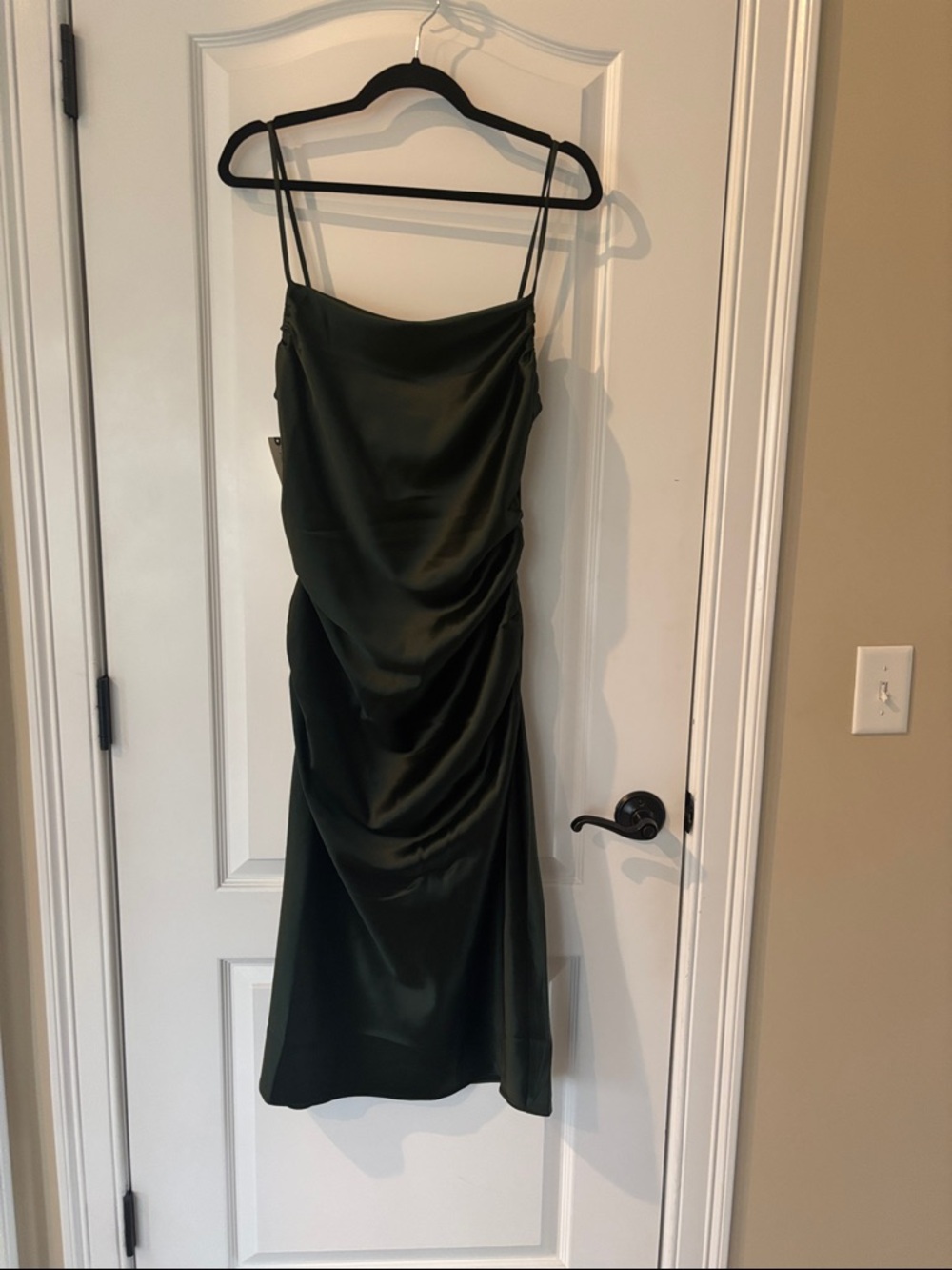 Anthropologie Deep Green Satin Ruched Midi Slip Dress
